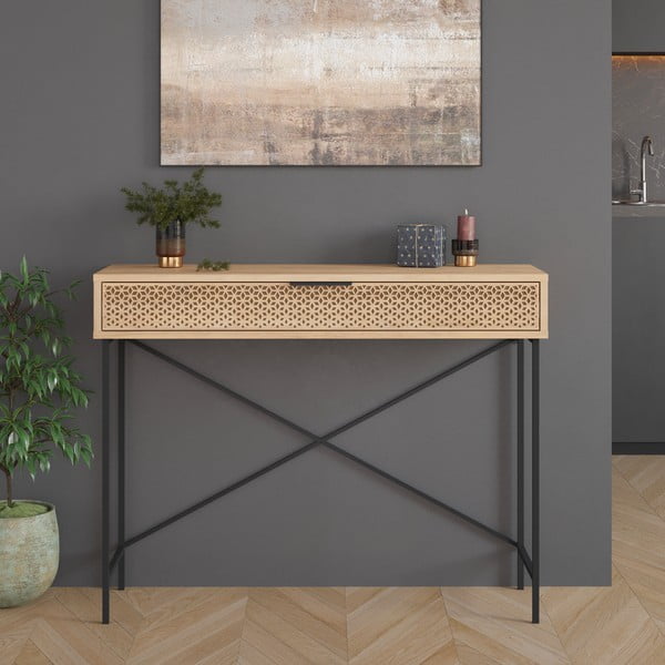 Natúr színű konzolasztal tölgyfa dekorral 35.5x110 cm Ecrin – Marckeric-image-4