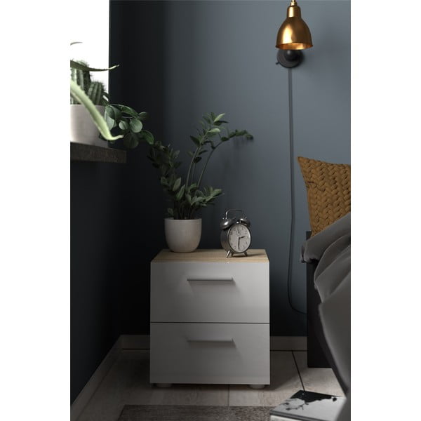 Fehér-természetes színű éjjeliszekrény tölgyfa dekorral Pepe - Tvilum-image-1