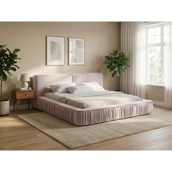 Világosszürke kárpitozott ágyneműtartós franciaágy ágyráccsal 160x200 cm Keoni – Makamii-image-1