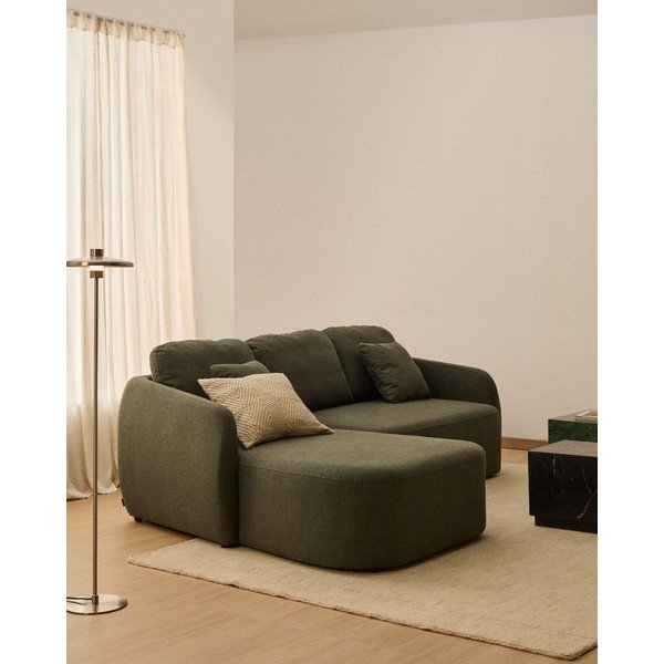 Sötétzöld zsenília kinyitható sarokkanapé (bal oldali-heverő résszel) Laira – Kave Home-image-1
