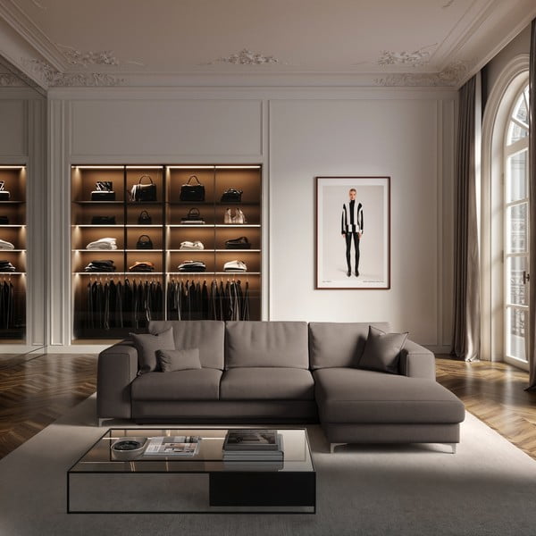 Szürkésbarna bársony kinyitható tárolóhelyes sarokkanapé (jobb oldali-heverő résszel) Rene – Rodier-image-1