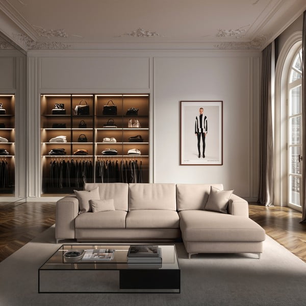 Bézs bársony kinyitható tárolóhelyes sarokkanapé (jobb oldali-heverő résszel) Rene – Rodier-image-1