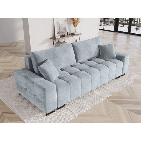 Világoskék bársony kinyitható tárolóhelyes kanapé 250 cm Wicklow – Cosmopolitan Design-image-1