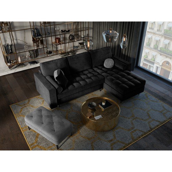 Santo fekete kinyitható bársony sarokkanapé, jobb oldali - Milo Casa-image-1