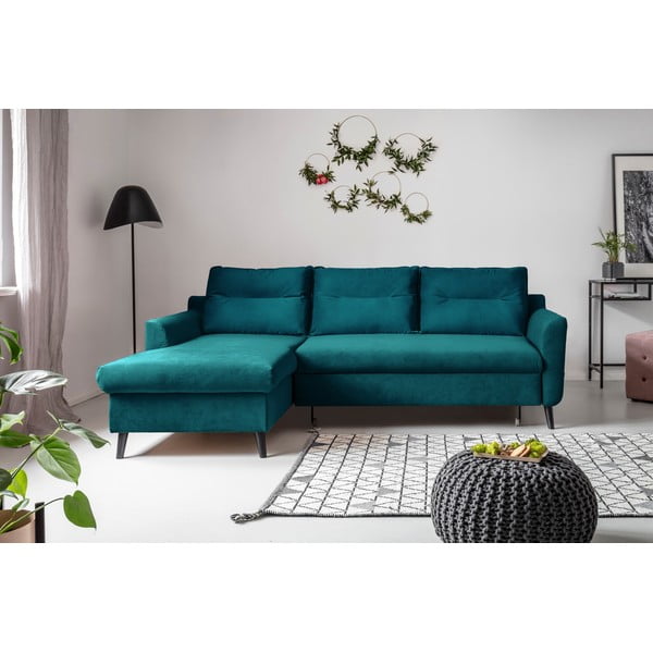 Stylish Stan türkiz kinyitható bársony sarokkanapé, bal oldali - Miuform-image-1