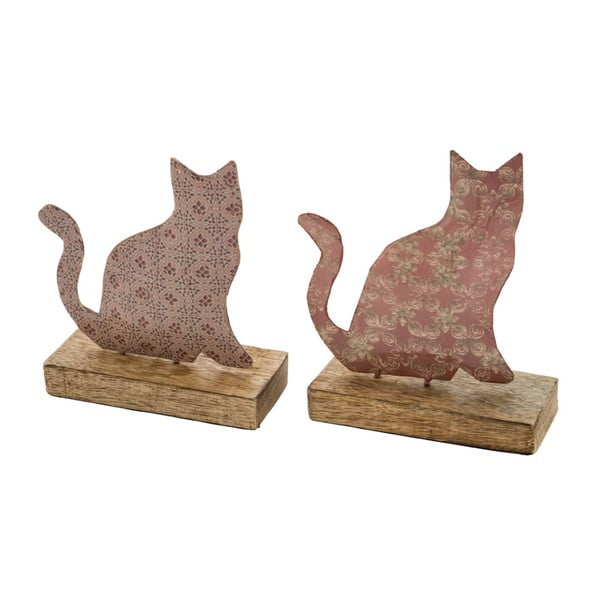 2 db-os nagyméretű, macska formájú, rózsaszín dekoráció szett zománcozott fémből, fa talpazattal, 17 x 18,5 cm - Ego Dekor