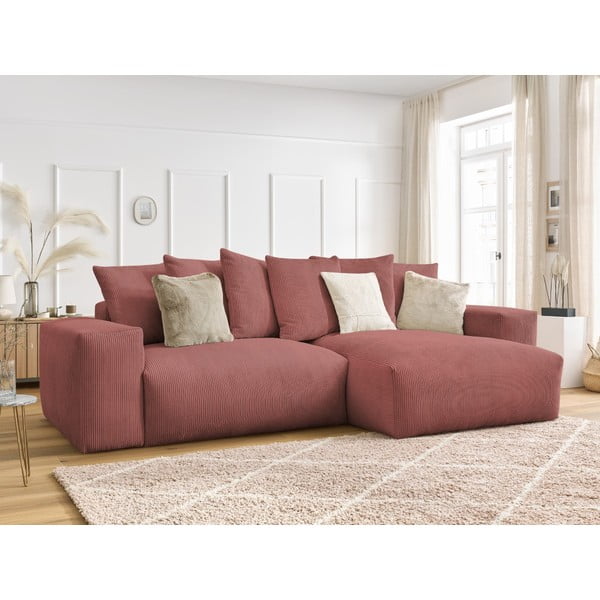 Rózsaszín kordbársony kinyitható-tárolóhelyes sarokkanapé Voltaire – Bobochic Paris-image-4