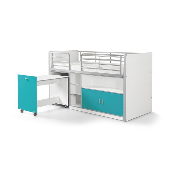 Bonny fehér-türkizkék emeletes ágy kihúzható asztallal és tárolóval, 200 x 90 cm - Vipack