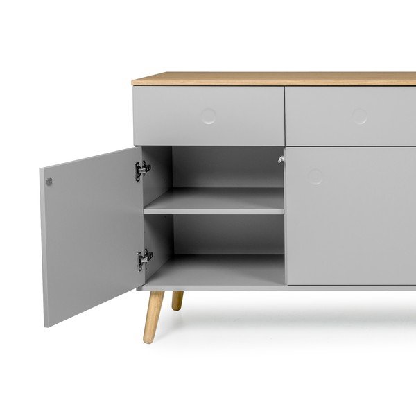 Dot szürke négyajtós tálalószekrény tölgyfa dekorral, 4 fiókkal - Tenzo-image-3