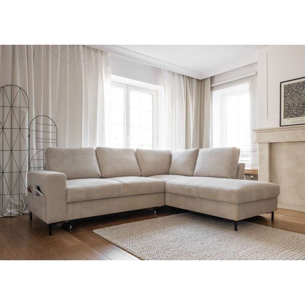 Bézs kordbársony kinyitható sarokkanapé (jobb oldali) Lofty Lilly – Miuform-image-3