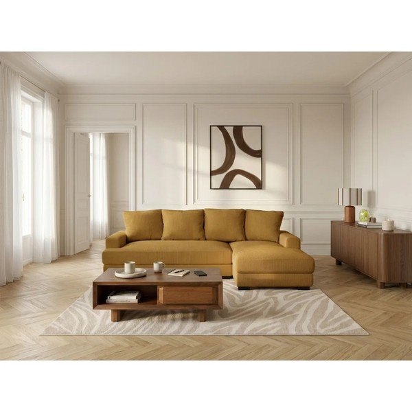 Sárga kordbársony kinyitható-tárolóhelyes sarokkanapé (jobb oldali-heverő résszel) Campi – Bobochic Paris-image-1