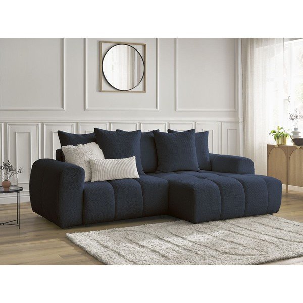 Kék buklé kinyitható-tárolóhelyes sarokkanapé (jobb oldali-heverő résszel) Roxelane – Bobochic Paris-image-4