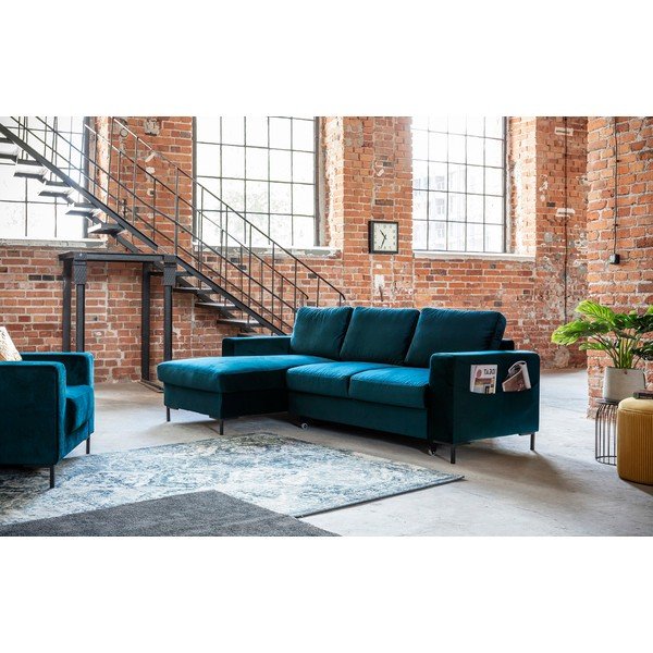 Petróleumkék bársony kinyitható sarokkanapé (bal oldali) Lofty Lilly – Miuform-image-4