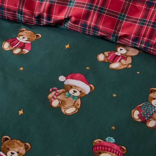 Piros-sötétzöld egyszemélyes ágyneműhuzat 150x120 cm Christmas Tartan Teddy Bear – Catherine Lansfield-image-2
