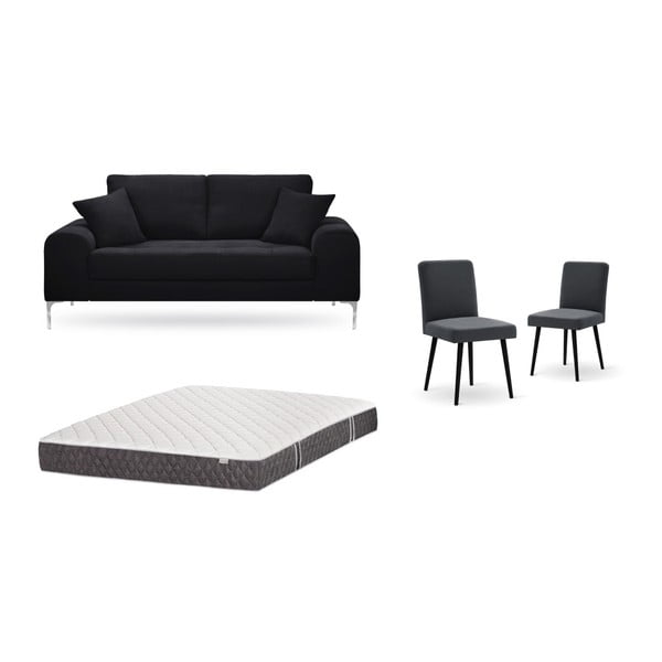 Fekete, kétszemélyes kanapé, 2 db antracit szürke szék, matrac (140 x 200 cm) szett - Home Essentials