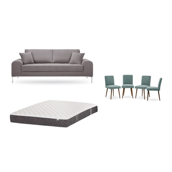 Barna, háromszemélyes kanapé, 4 db szürkészöld szék, matrac (160 x 200 cm) szett - Home Essentials
