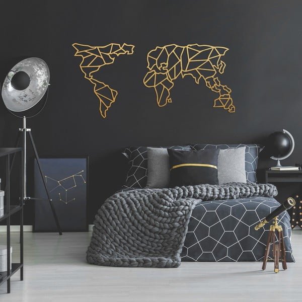 Geometric World Map aranyszínű fém fali dekoráció, 150 x 80 cm