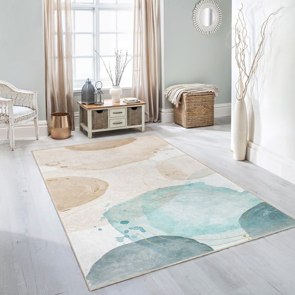 Krémszínű-türkiz mosható szőnyeg 80x150 cm Puddle – Mila Home-image-1
