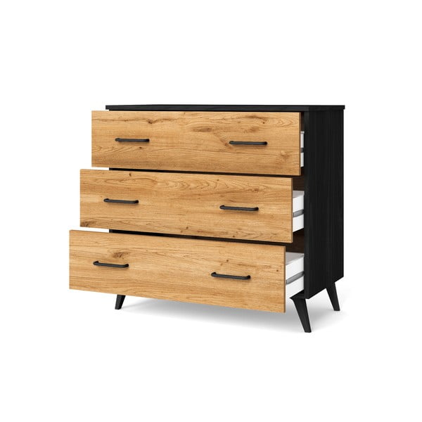 Fekete-natúr színű alacsony komód tölgyfa dekorral 80x72 cm Indus – Marckeric-image-2