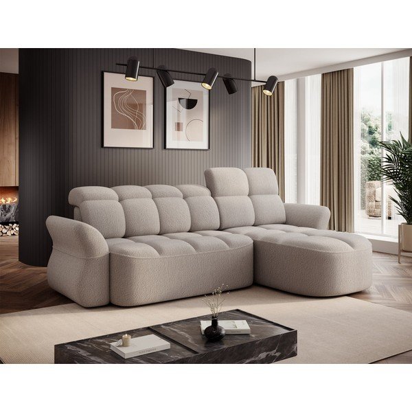 Bézs buklé kinyitható-tárolóhelyes sarokkanapé (jobb oldali-heverő résszel) Beneth – ELTAP-image-1