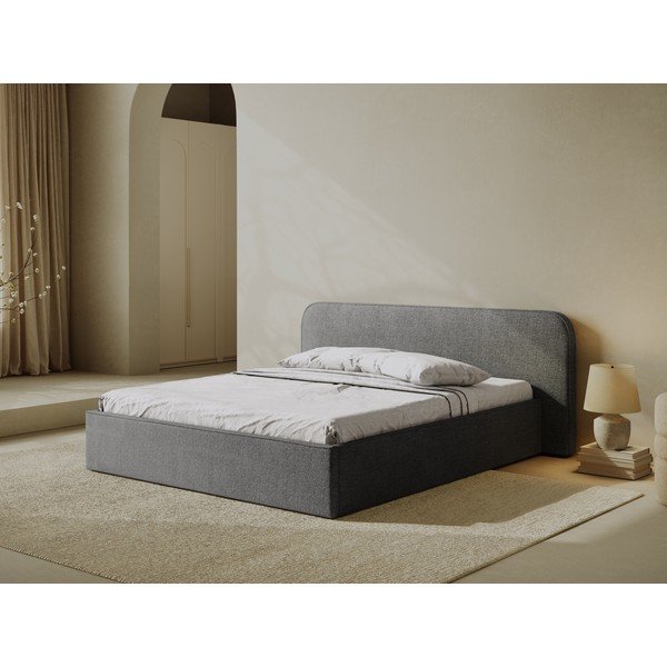 Sötétszürke kárpitozott ágyneműtartós franciaágy ágyráccsal 160x200 cm Elizabeth – Micadoni -image-1