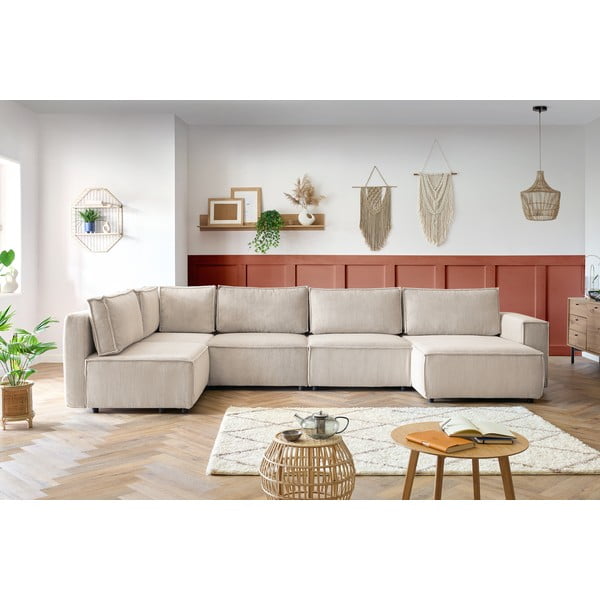 Krémszínű kordbársony sarokkanapé (bal oldali-"U" alakú) Nihad modular – Bobochic Paris-image-1