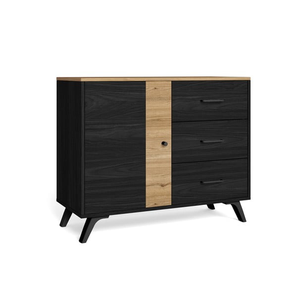 Fekete-natúr színű alacsony komód tölgyfa dekorral 92x81 cm Texas – Marckeric-image-2