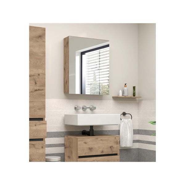 Natúr színű fali tükrös fürdőszoba szekrény tölgyfa dekorral 60x70 cm Wisla – Støraa-image-4