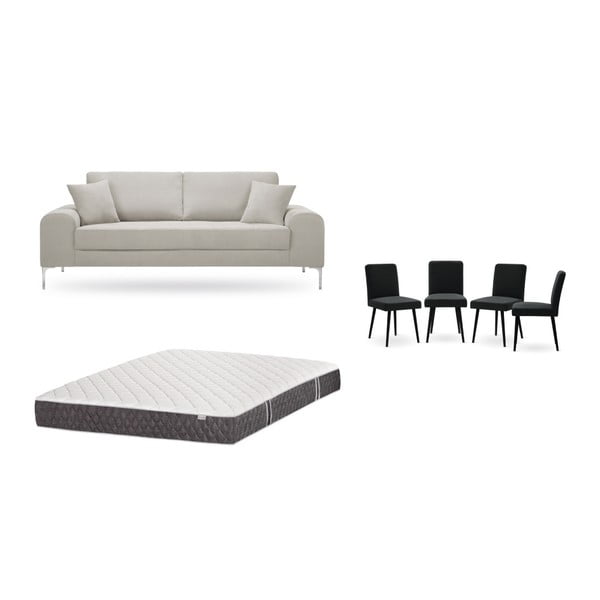 Krémszínű, háromszemélyes kanapé, 4 db fekete szék, matrac (160 x 200 cm) szett - Home Essentials