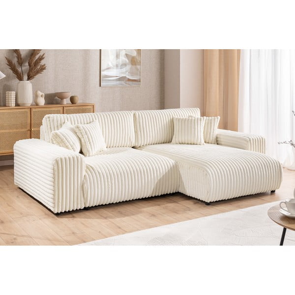Krémszínű kordbársony kinyitható-tárolóhelyes sarokkanapé (jobb oldali) Sarina – Ropez-image-4