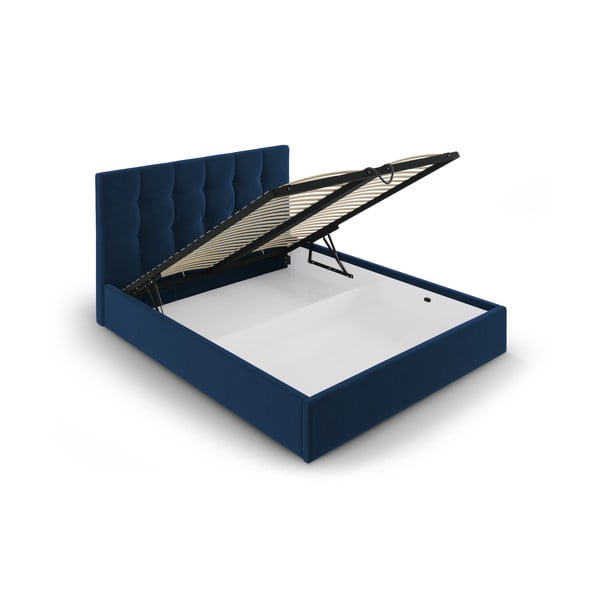 Sötétkék kárpitozott franciaágy tárolóhellyel ágyráccsal 160x200 cm Nerin – Mazzini Beds-image-3
