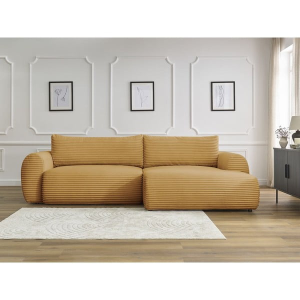Mustársárga kordbársony kinyitható sarokkanapé (jobb oldali) Lucien – Bobochic Paris-image-1