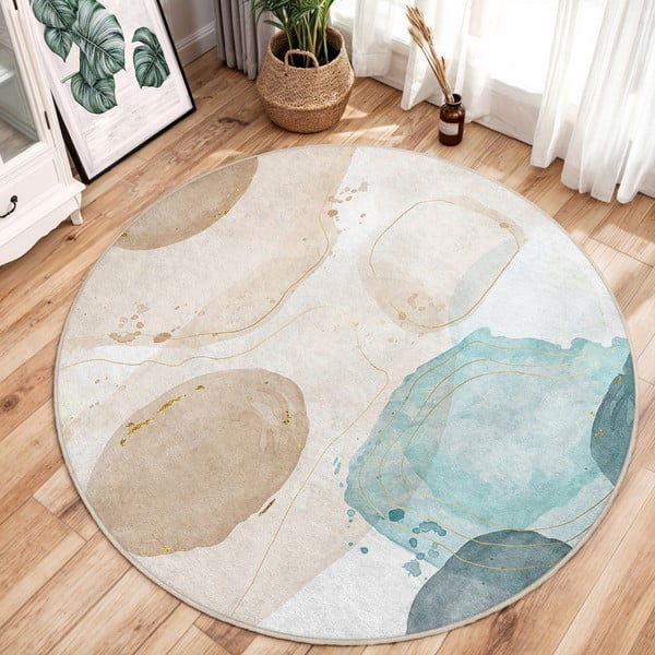 Kék-bézs mosható kerek szőnyeg ø 120 cm Puddle – Mila Home-image-1