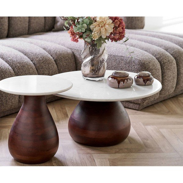 Fehér-sötét natúr színű kerek dohányzóasztal márvány asztallappal ø 70 cm Heide – House Nordic-image-1
