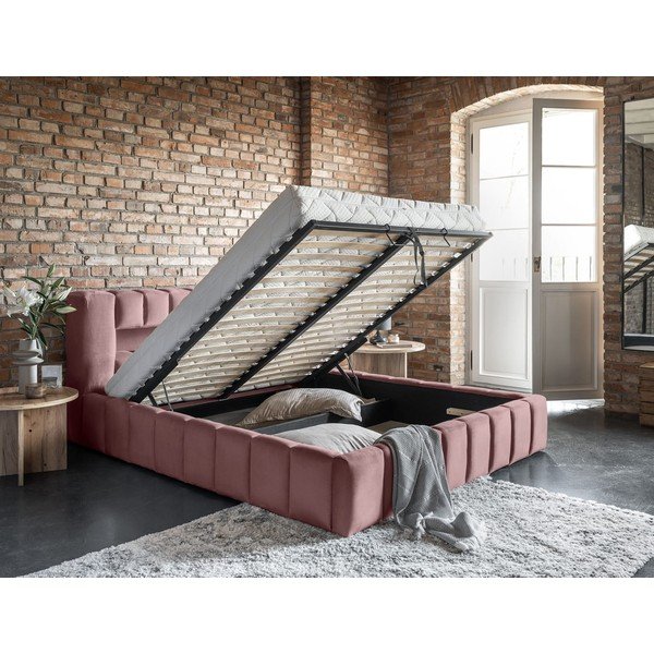 Rózsaszín kárpitozott ágyneműtartós franciaágy ágyráccsal 160x200 cm Lamica – ELTAP-image-4