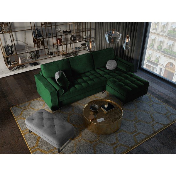 Santo zöld kinyitható bársony sarokkanapé, jobb oldali - Milo Casa-image-1