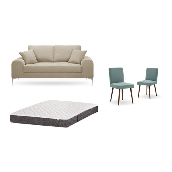 Bézs, kétszemélyes kanapé, 2 db zöldesszürke szék, matrac (140 x 200 cm) szett - Home Essentials