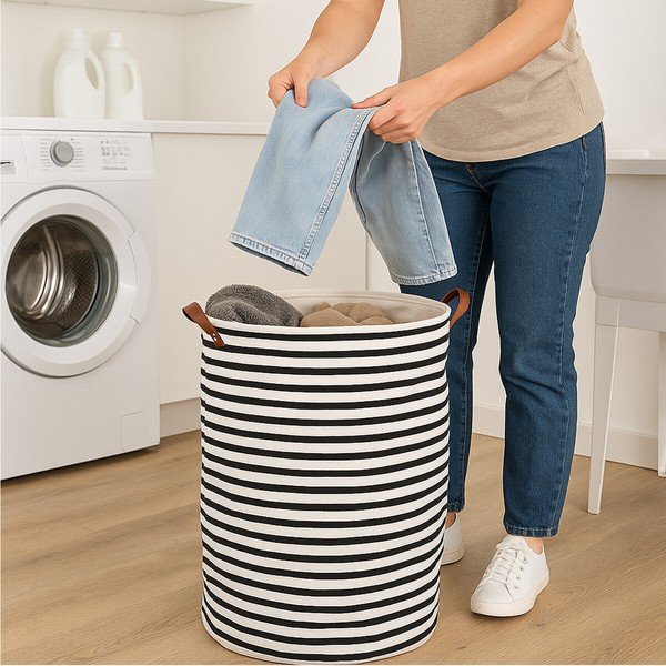 Fekete-fehér textil szennyeskosár 54 l Stripe – Premier Housewares-image-3