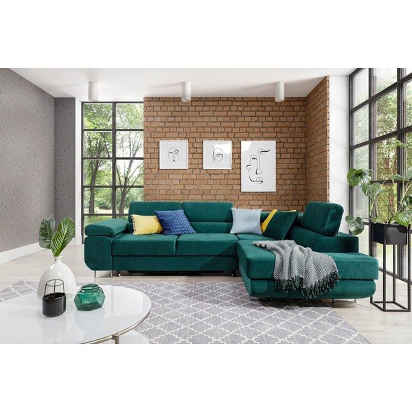 Zöld bársony kinyitható-tárolóhelyes sarokkanapé (jobb oldali-L alakú) Anton – ELTAP-image-1