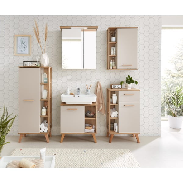 Krémszínű magas fürdőszoba szekrény tölgyfa dekorral 50,5x128 cm Quickset 966 – Pelipal-image-1