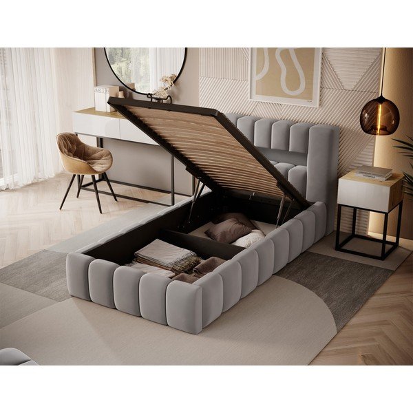 Szürke kárpitozott ágyneműtartós egyszemélyes ágy ágyráccsal 90x200 cm Lamica – ELTAP-image-2