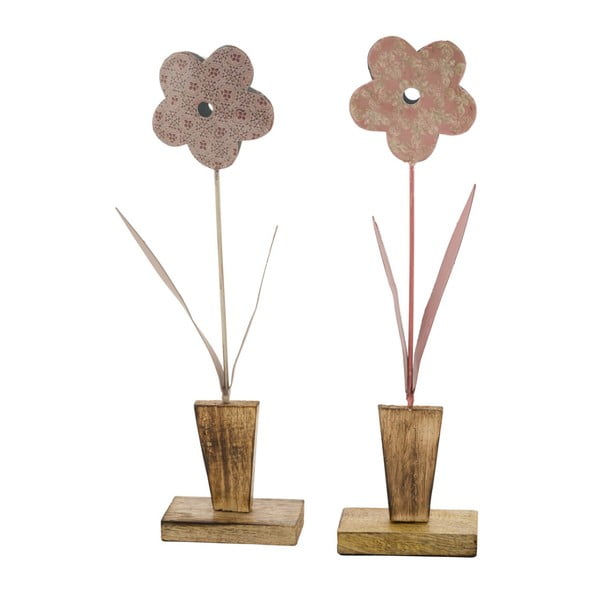 2 db-os kisméretű, virág formájú, rózsaszín dekoráció szett zománcozott fémből, fa talpazattal, 9 x 32,5 cm - Ego Dekor