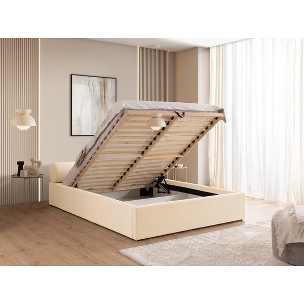 Krémszínű kárpitozott ágyneműtartós franciaágy ágyráccsal 200x200 cm Cille – Ropez-image-4