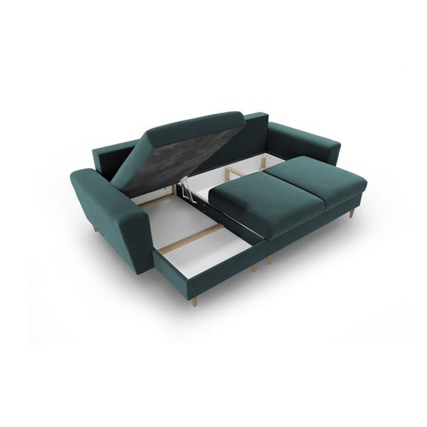 Petróleum színű bársony kinyitható tárolóhelyes sarokkanapé Kyoto – Cosmopolitan Design-image-3