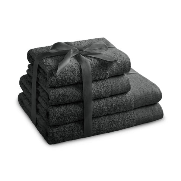 Sötétszürke frottír pamut törölköző és fürdőlepedő készlet 4 db-os Amari – Restilo