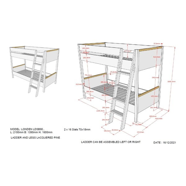 London fehér gyerek emeletes ágy, 90 x 200 cm - Vipack-image-2