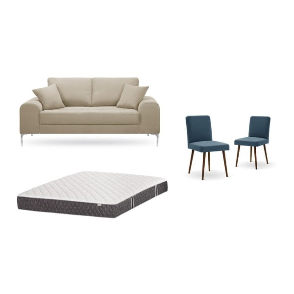Bézs, kétszemélyes kanapé, 2 db kék szék, matrac (140 x 200 cm) szett - Home Essentials