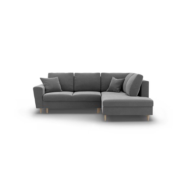 Világosszürke bársony kinyitható tárolóhelyes sarokkanapé (jobb oldali-L alakú) Kyoto – Cosmopolitan Design