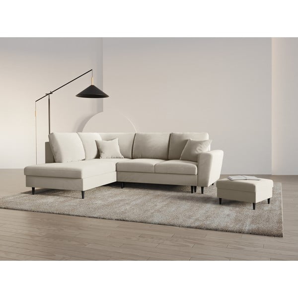 Bézs bársony kinyitható tárolóhelyes sarokkanapé (bal oldali-L alakú) Kyoto – Cosmopolitan Design-image-2