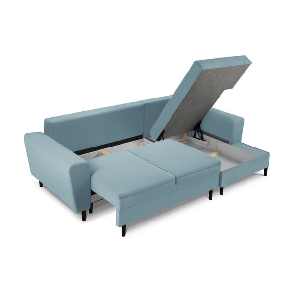 Világoskék kordbársony kinyitható tárolóhelyes sarokkanapé (jobb oldali-heverő résszel) Kyoto – Cosmopolitan Design-image-3